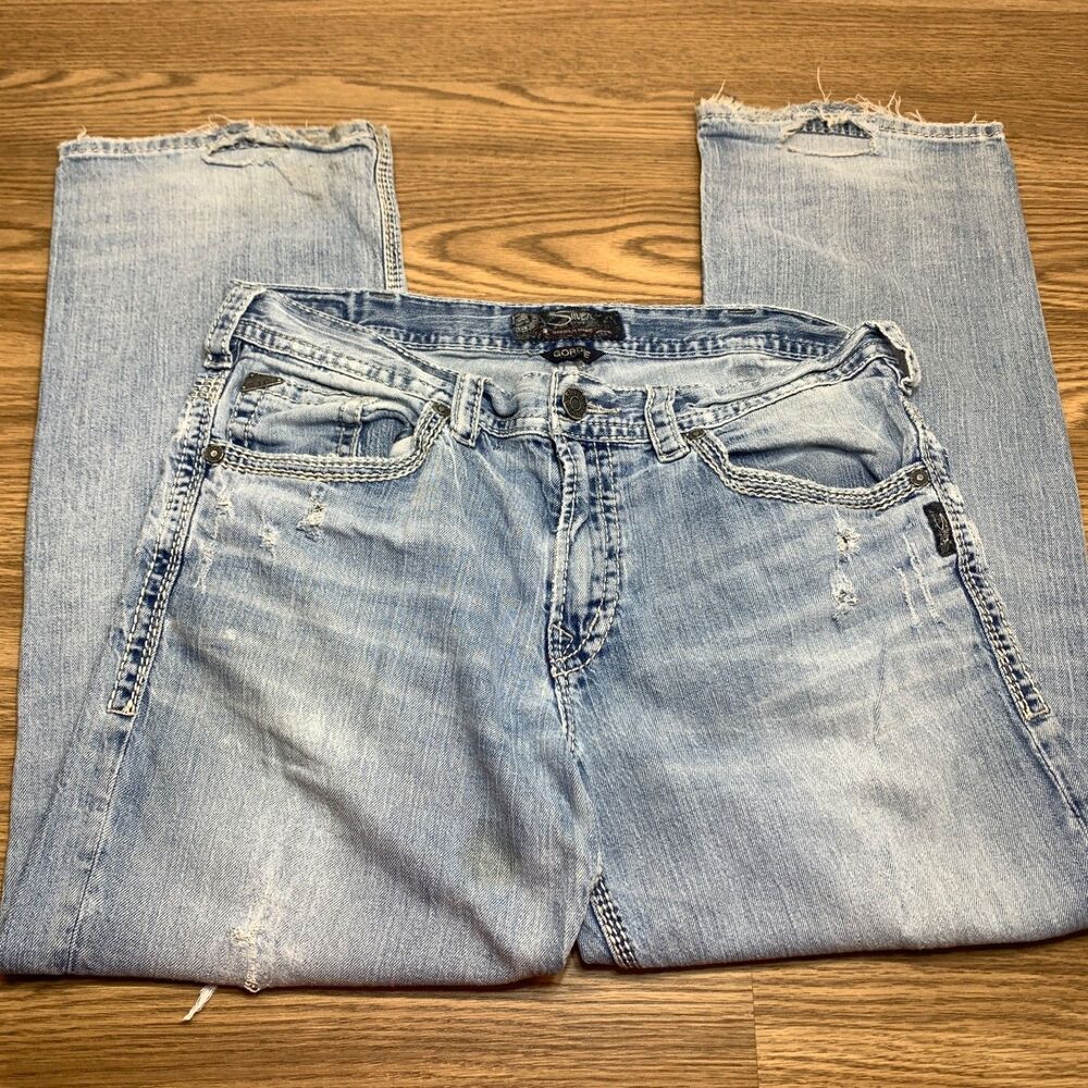 Silver Jeans Mens 36x30 Blue Gordie Denim Pants Light Washed Straight Distressed